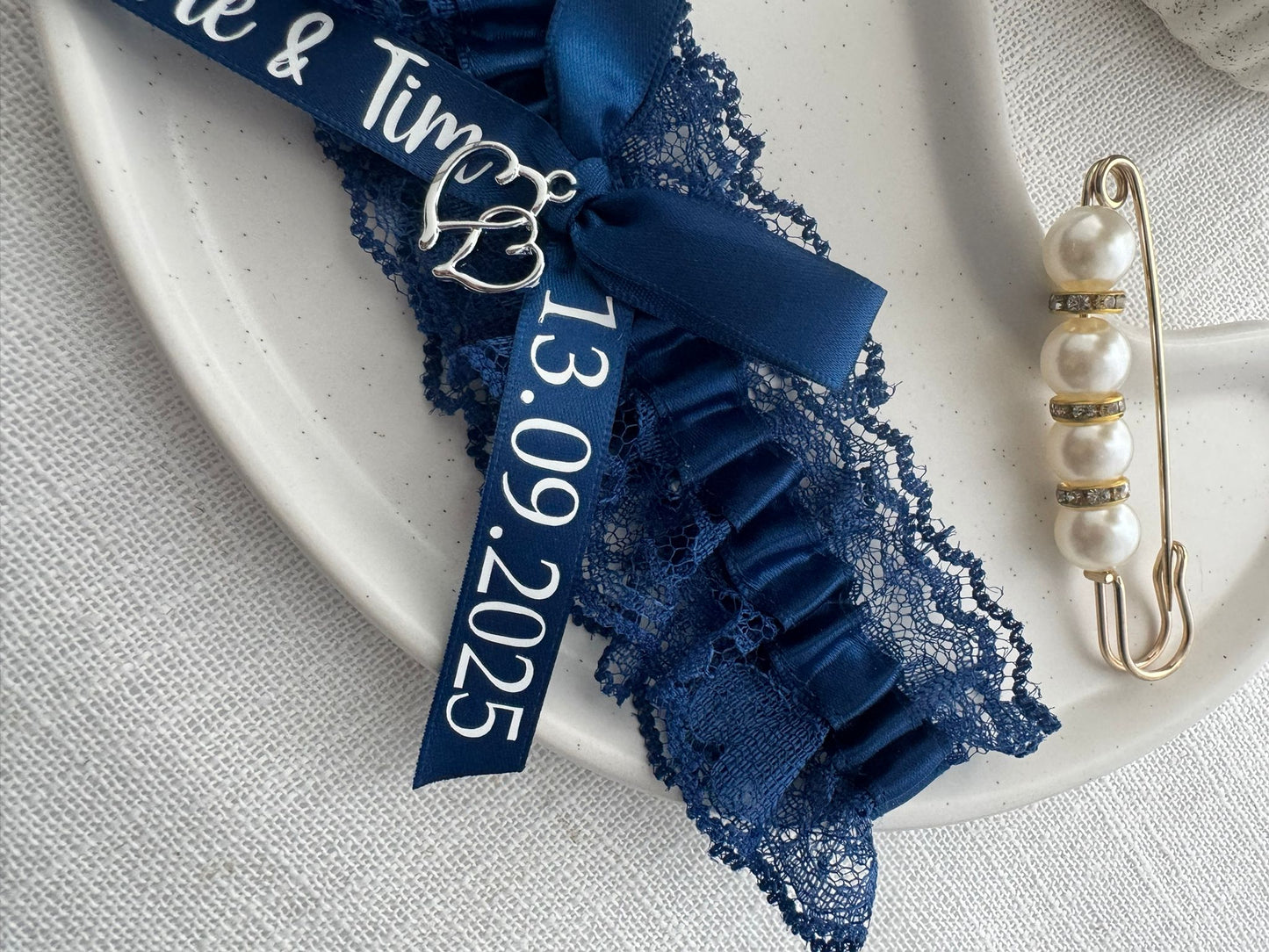 personalisiertes Strumpfband / Spitze - dunkelblau