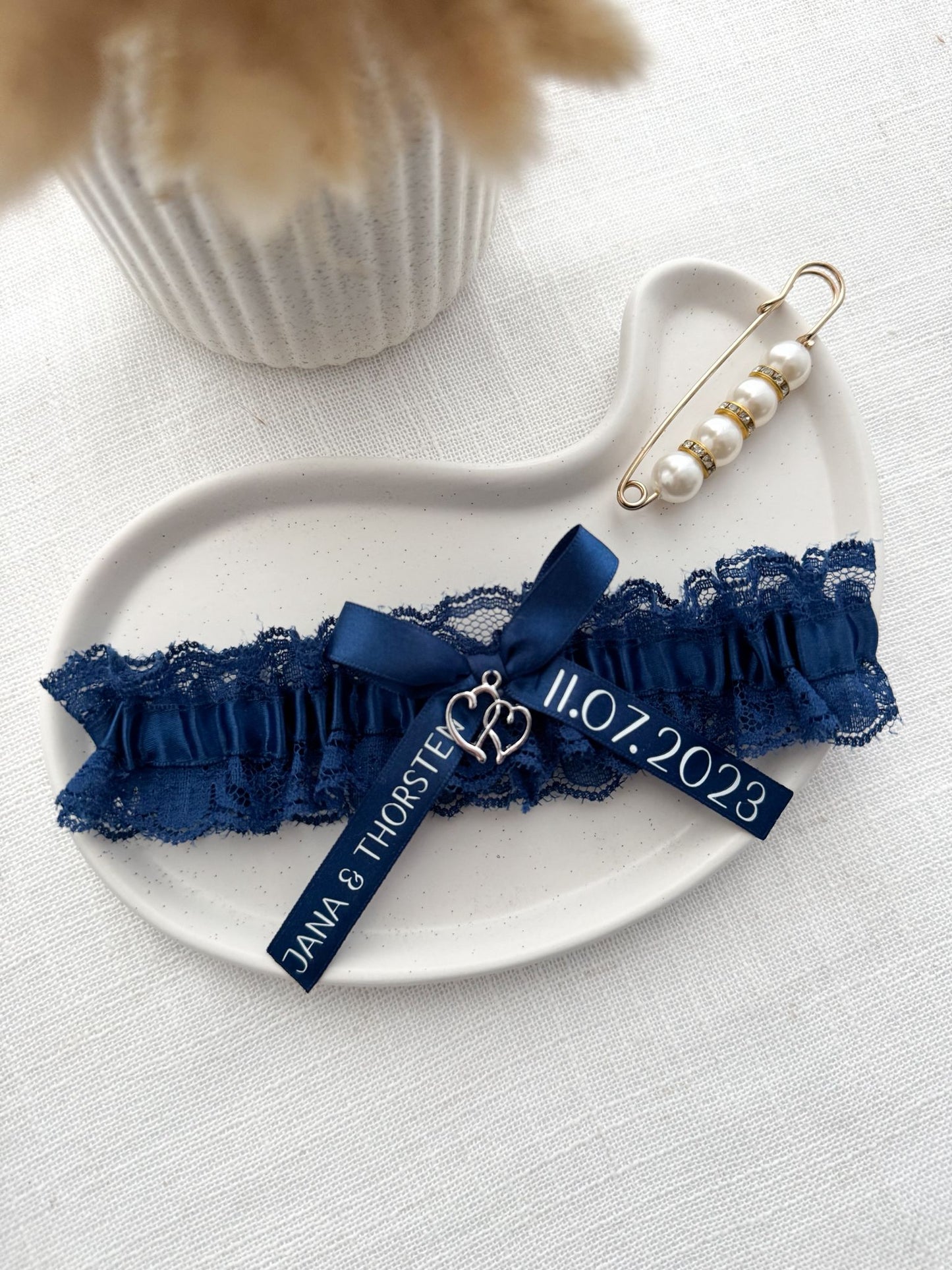 personalisiertes Strumpfband / Spitze - dunkelblau