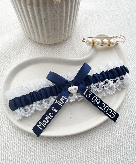personalisiertes Strumpfband / weiße Spitze - dunkelblau