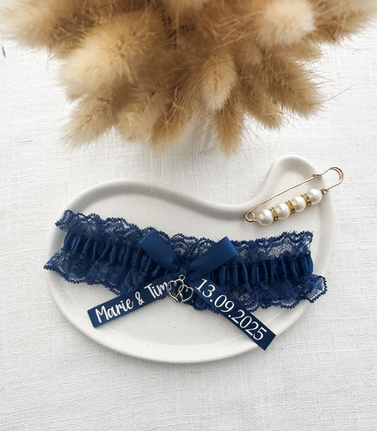 personalisiertes Strumpfband / Spitze - dunkelblau