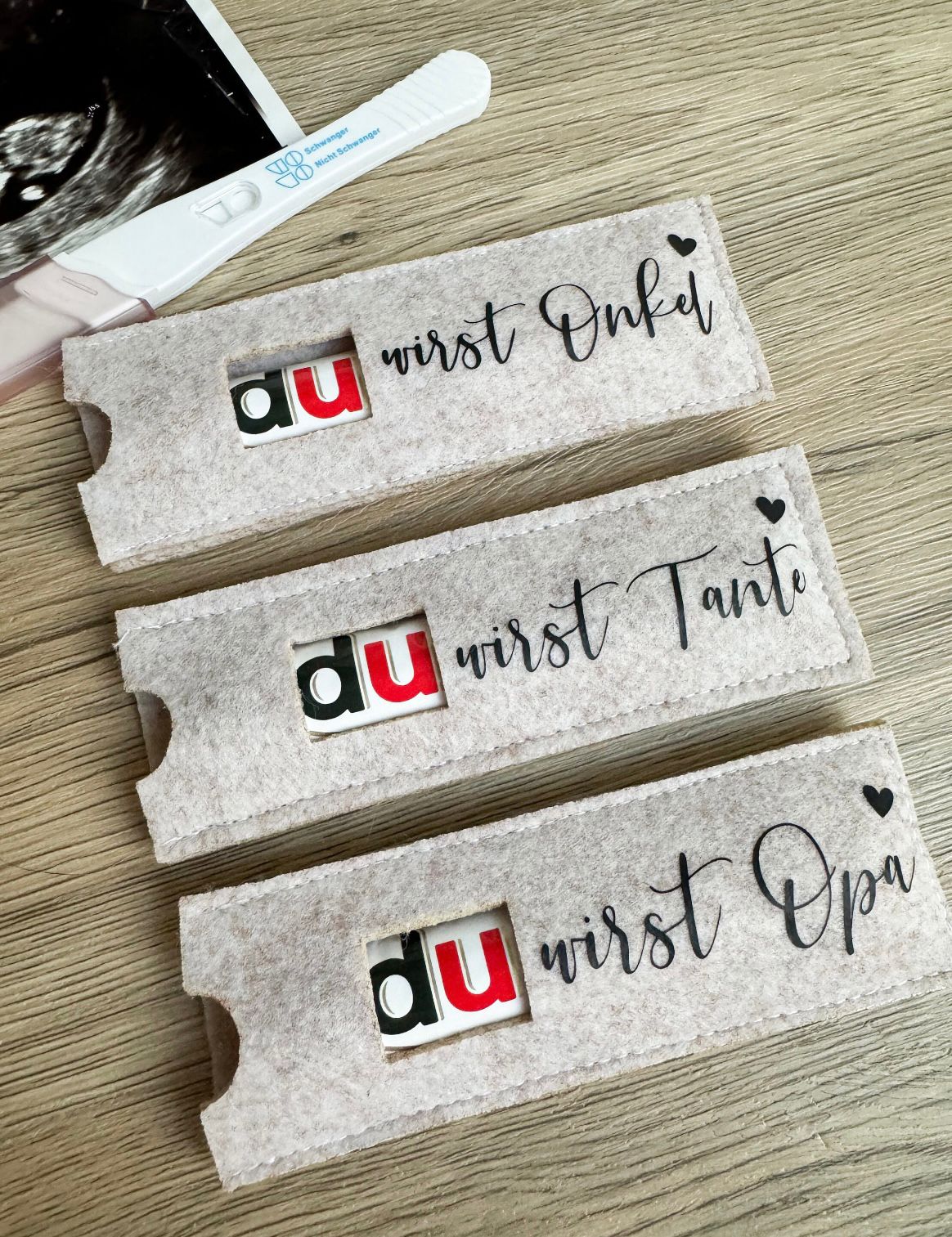 Filzhüllen für Schokoriegel "DU WIRST......" beige / Schwangerschaftsverkündung - NiJeKra