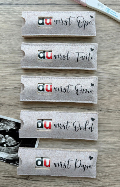 Filzhüllen für Schokoriegel "DU WIRST......" beige / Schwangerschaftsverkündung - NiJeKra