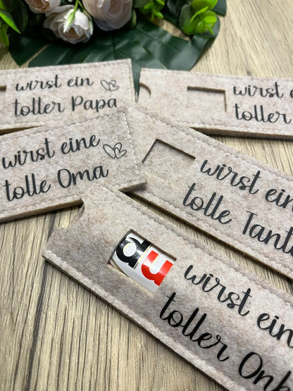 Filzhüllen für Schokoriegel "DU WIRST EIN TOLLER / EINE TOLLE ...." beige / Schwangerschaftsverkündung - NiJeKra