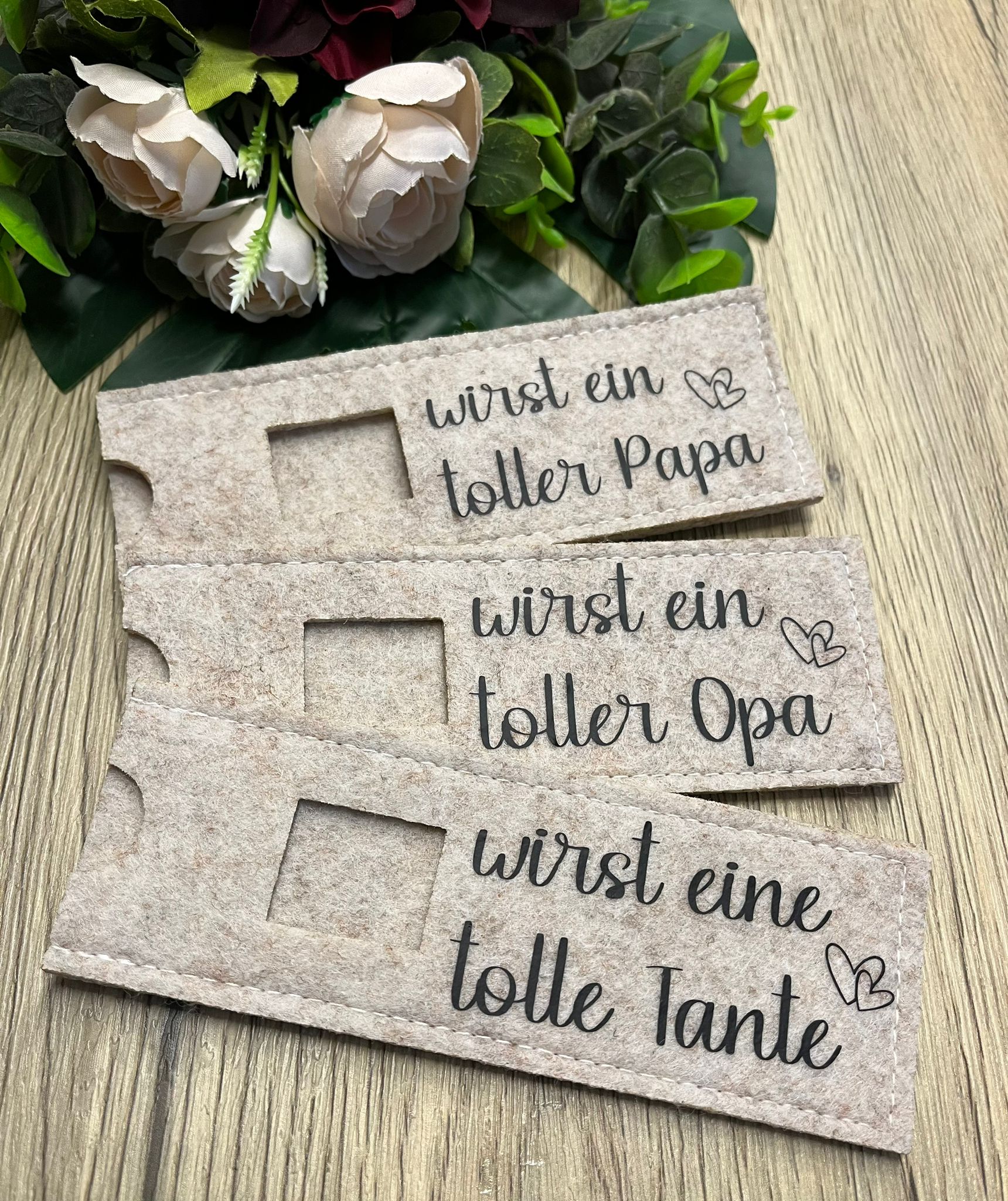 Filzhüllen für Schokoriegel "DU WIRST EIN TOLLER / EINE TOLLE ...." beige / Schwangerschaftsverkündung - NiJeKra